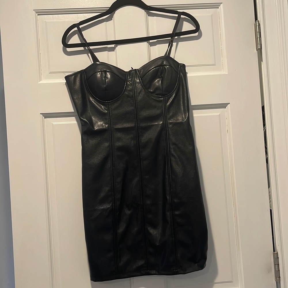 Black vegan leather mini dress